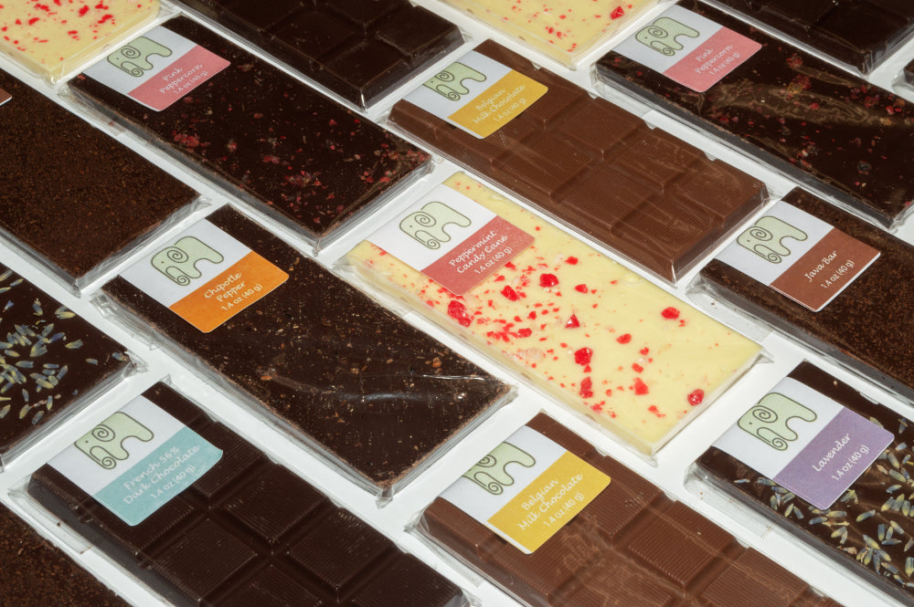 Display of chocolate bars from Sugar Love Chocolates